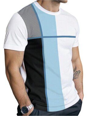 Men's White/Blue Casual T-Shirt Short Sleeve Color Block Crew Neck Graphic Tee